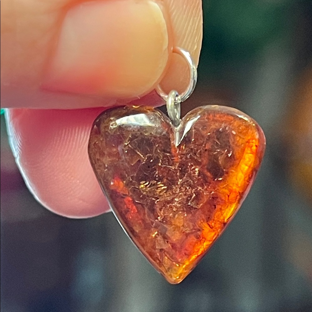 Vintage Carved Amber Heart Silver Necklace Pendant Charm